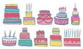 Set of stylized birthday cakes with candles and decorations. Hand drawn cartoon vector color sketch illustration
